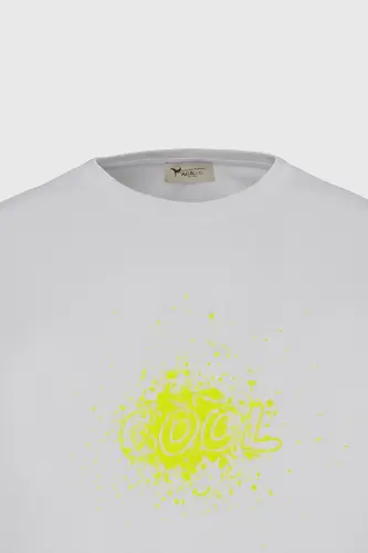Erkek Ekru Oversize Bol Kesim Bisiklet Yaka %100 Pamuk Baskılı Tişört - Ekru - 7