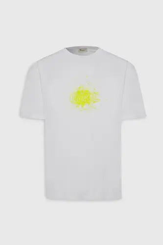 Erkek Ekru Oversize Bol Kesim Bisiklet Yaka %100 Pamuk Baskılı Tişört-Ekru - 5