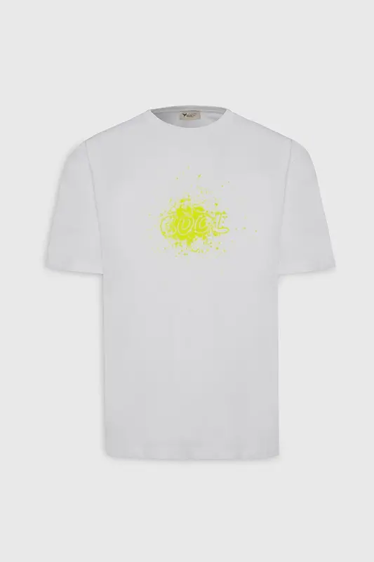 Erkek Ekru Oversize Bol Kesim Bisiklet Yaka %100 Pamuk Baskılı Tişört-Ekru - 5