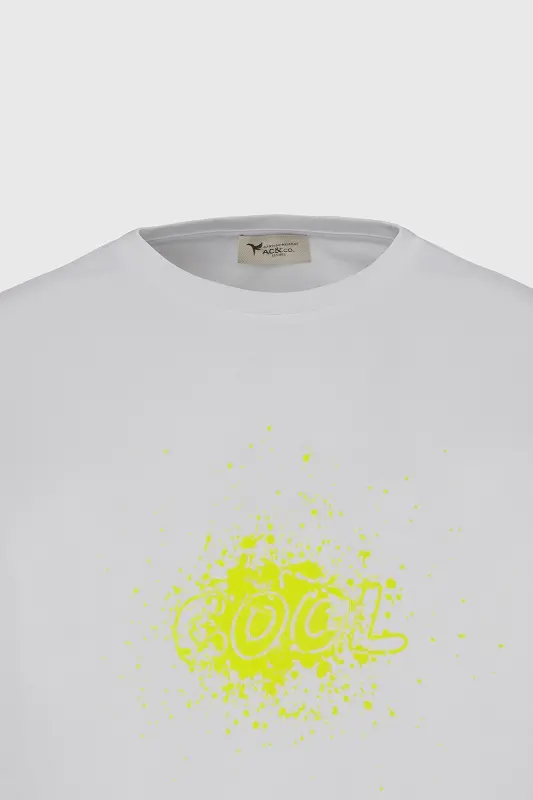 Erkek Ekru Oversize Bol Kesim Bisiklet Yaka %100 Pamuk Baskılı Tişört-Ekru - 7