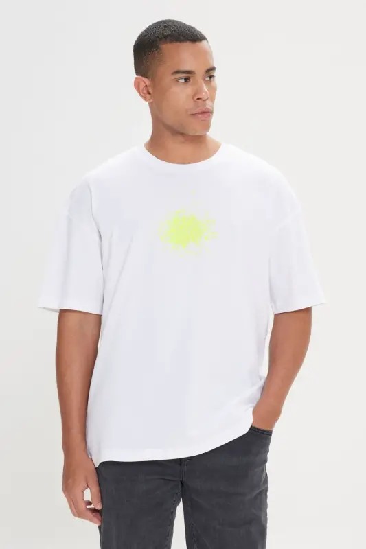 Erkek Ekru Oversize Bol Kesim Bisiklet Yaka %100 Pamuk Baskılı Tişört-Ekru - MODAZONE