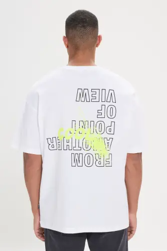 Erkek Ekru Oversize Bol Kesim Bisiklet Yaka %100 Pamuk Baskılı Tişört-Ekru - MODAZONE (1)