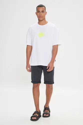 Erkek Ekru Oversize Bol Kesim Bisiklet Yaka %100 Pamuk Baskılı Tişört-Ekru - 3