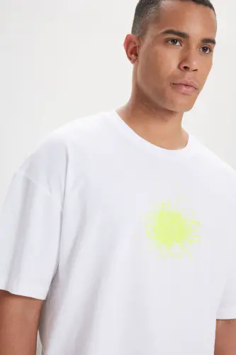 Erkek Ekru Oversize Bol Kesim Bisiklet Yaka %100 Pamuk Baskılı Tişört-Ekru - 4