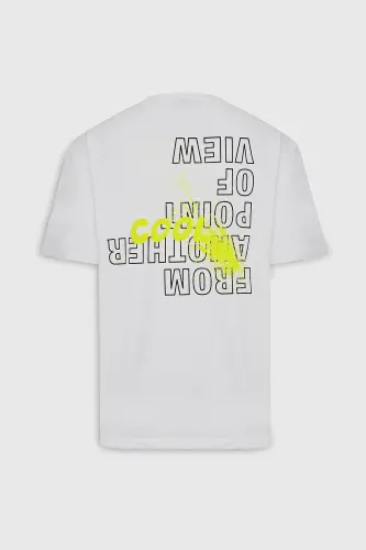 Erkek Ekru Oversize Bol Kesim Bisiklet Yaka %100 Pamuk Baskılı Tişört-Ekru - 6