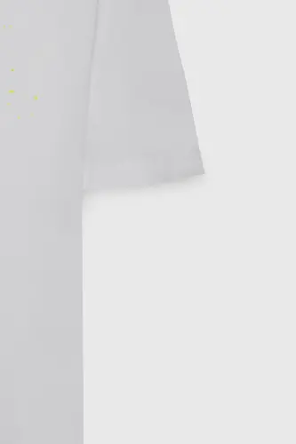 Erkek Ekru Oversize Bol Kesim Bisiklet Yaka %100 Pamuk Baskılı Tişört-Ekru - 8