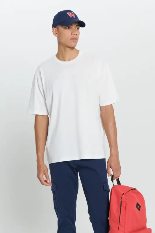 Erkek Ekru Oversize Fit Bol Kesim %100 Pamuk Baskılı Bisiklet Yaka Tişört - Ekru - 3