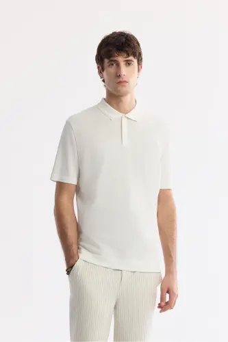 Erkek Ekru Polo Yaka Basic Rayon Triko Regular Fit T-Shirt A51Y5035 - Ekru 