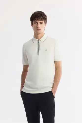 Erkek Ekru Polo Yaka Bi-Stretch Baskılı İnterlok Regular Fit T-Shirt A51Y1007 - Ekru - 1
