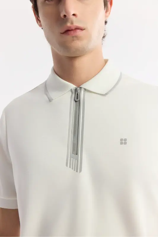 Erkek Ekru Polo Yaka Bi-Stretch Baskılı İnterlok Regular Fit T-Shirt A51Y1007 - Ekru - 2