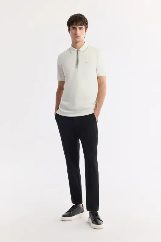 Erkek Ekru Polo Yaka Bi-Stretch Baskılı İnterlok Regular Fit T-Shirt A51Y1007 - Ekru - 5
