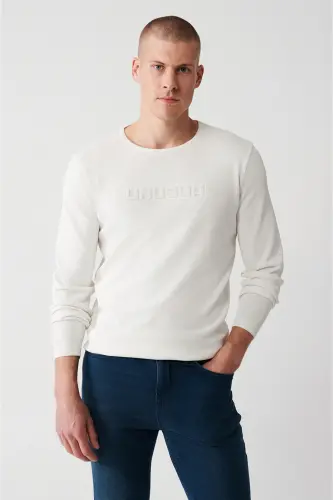 Erkek Ekru Bisiklet Yaka Baskılı Rayon Kazak A32Y5033 - Ekru - 1