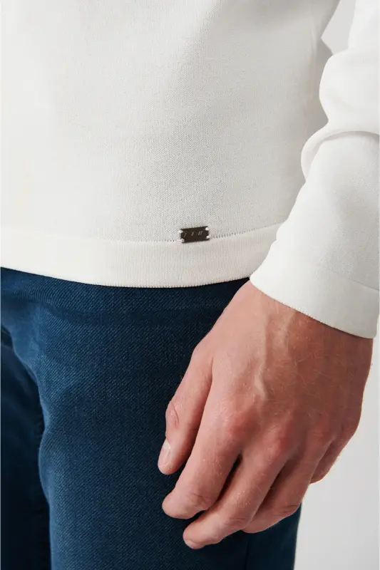 Erkek Ekru Bisiklet Yaka Baskılı Rayon Kazak A32Y5033 - Ekru - 2