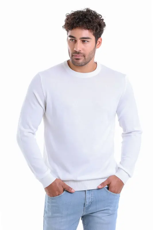 Erkek Ekru Regular Fit %100 Pamuk Bisiklet Yaka Triko Kazak - Ekru - 1