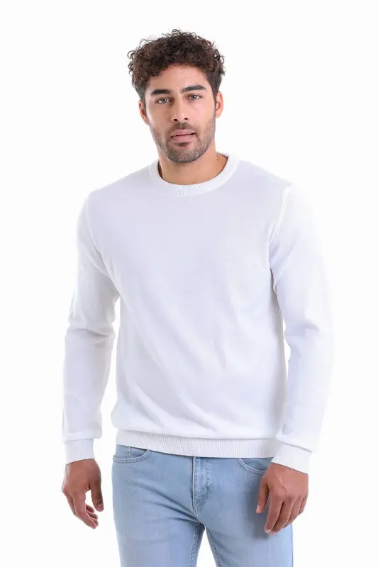 Erkek Ekru Regular Fit %100 Pamuk Bisiklet Yaka Triko Kazak - Ekru - 2