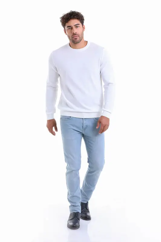 Erkek Ekru Regular Fit %100 Pamuk Bisiklet Yaka Triko Kazak - Ekru - 3
