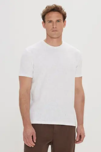 Erkek Ekru Slim Fit Dar Kesim Pamuklu Bisiklet Yaka Tişört-Ekru - 1