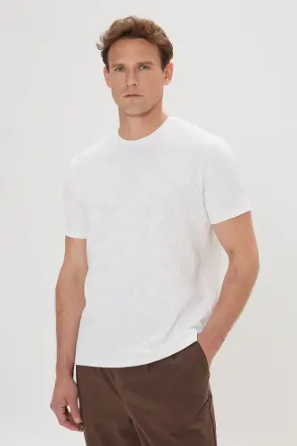 Erkek Ekru Slim Fit Dar Kesim Pamuklu Bisiklet Yaka Tişört-Ekru - 3