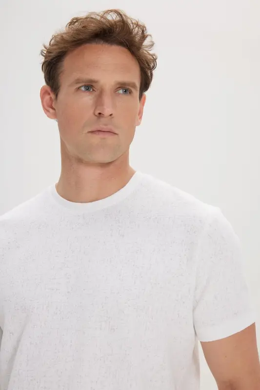 Erkek Ekru Slim Fit Dar Kesim Pamuklu Bisiklet Yaka Tişört-Ekru - 4