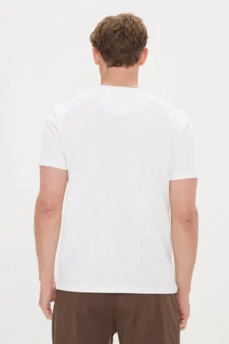 Erkek Ekru Slim Fit Dar Kesim Pamuklu Bisiklet Yaka Tişört-Ekru - 5