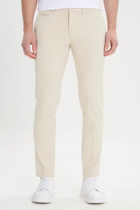 Erkek Ekru Slim Fit Dar Kesim Yan Cepli Pamuklu Esnek Armürlü Pantolon-Ekru - ALTINYILDIZ CLASSICS