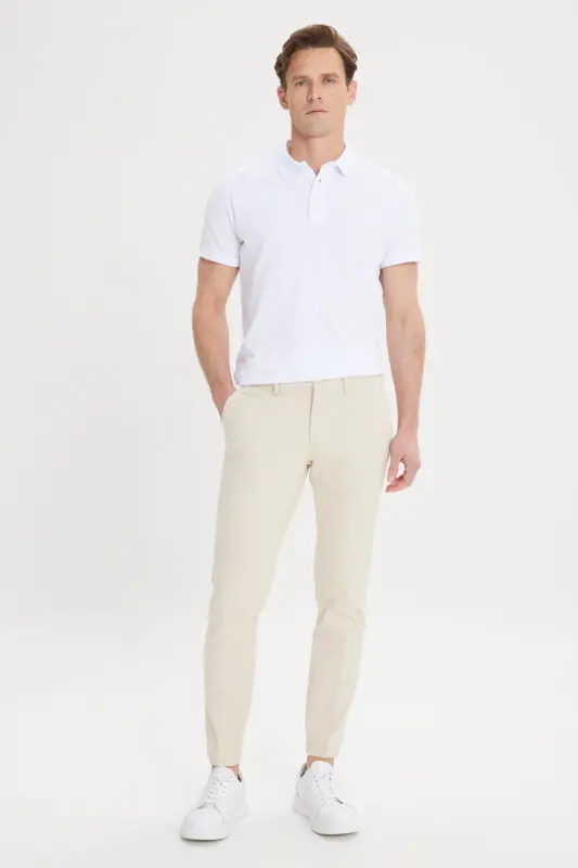 Erkek Ekru Slim Fit Dar Kesim Yan Cepli Pamuklu Esnek Armürlü Pantolon-Ekru - 3
