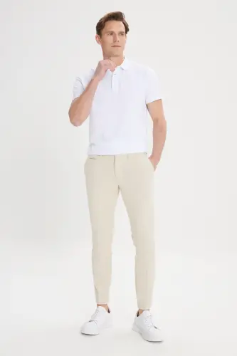 Erkek Ekru Slim Fit Dar Kesim Yan Cepli Pamuklu Esnek Armürlü Pantolon-Ekru - 5