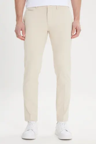 Erkek Ekru Slim Fit Dar Kesim Yan Cepli Pamuklu Esnek Armürlü Pantolon-Ekru - 1