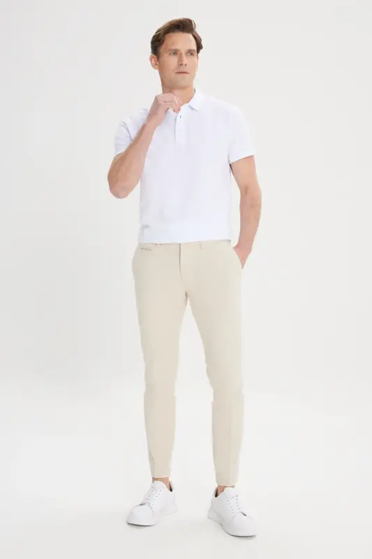 Erkek Ekru Slim Fit Dar Kesim Yan Cepli Pamuklu Esnek Armürlü Pantolon-Ekru - 5