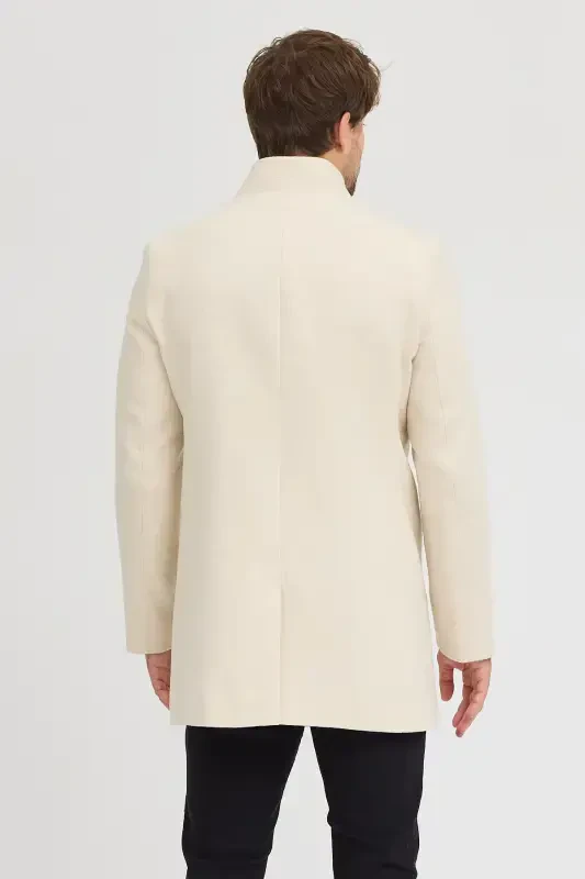 Erkek Ekru Slim Fit Dik Yaka Kaşe Kaban-Ekru - 8