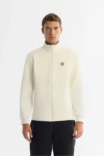 Erkek Ekru Dik Yaka Pamuklu Fermuarlı Polar Regular Fit Sweatshirt A42Y1311 - Ekru 