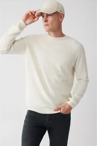 Erkek Ekru Bisiklet Yaka Önü Desenli Reglan Kol Kazak A32Y5155 - Ekru - 1