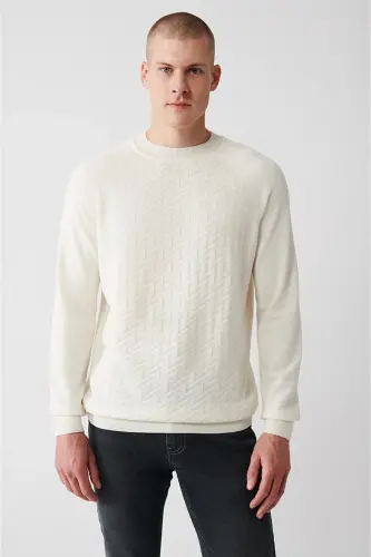 Erkek Ekru Bisiklet Yaka Önü Desenli Reglan Kol Kazak A32Y5155 - Ekru - 3
