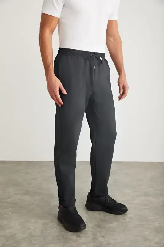Erkek Eşofman Belli Beli Lastikli Esnek Dokuma Kumaş Slim Fit Pantolon-FÜME - 3