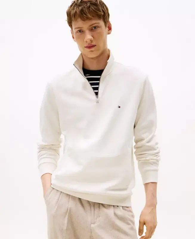 Erkek Essential Intechno Örme Regular Fit Çeyrek Fermuarlı Sweatshirt - Fildişi Petal - TOMMY HILFIGER