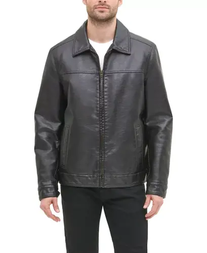 Men's Faux Leather Laydown Collar Jacket - Dark Brown 