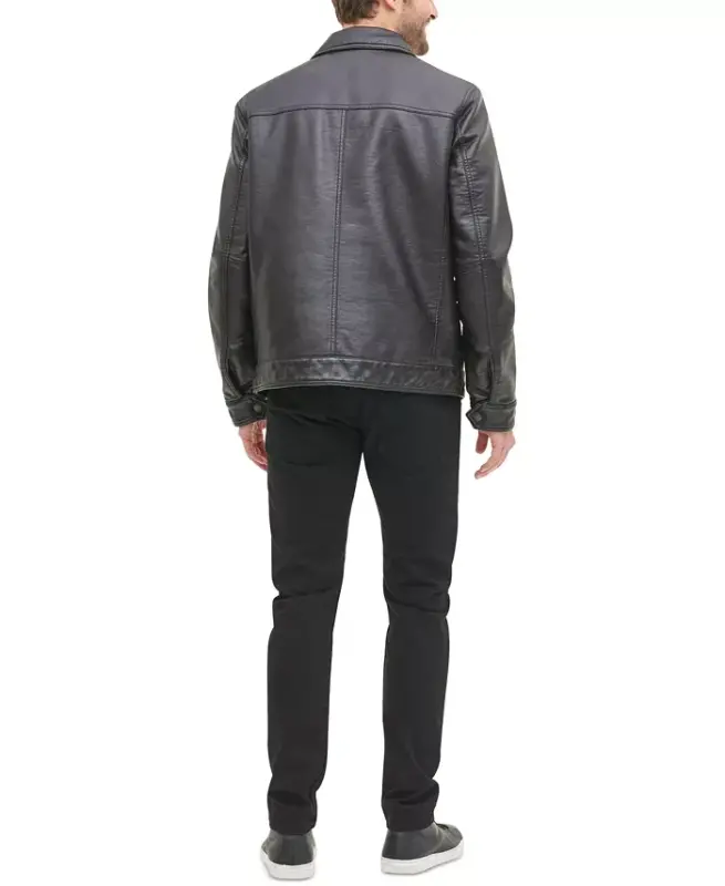 Men's Faux Leather Laydown Collar Jacket - Dark Brown - 2
