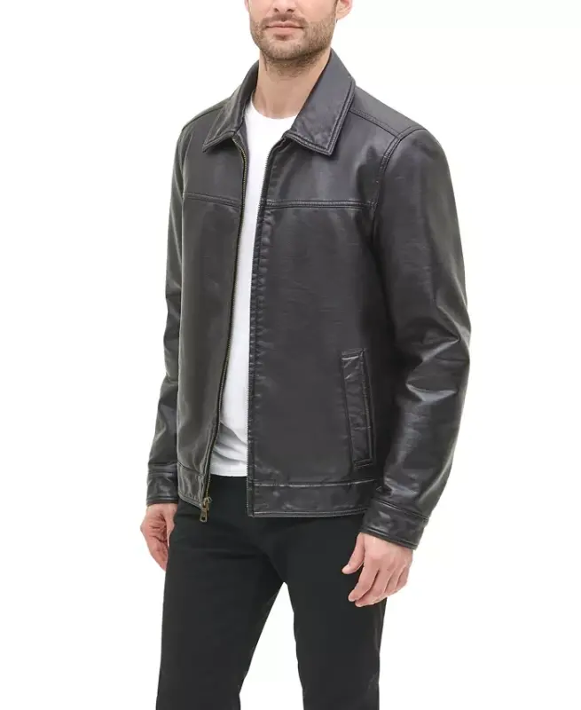 Men's Faux Leather Laydown Collar Jacket - Dark Brown - 4