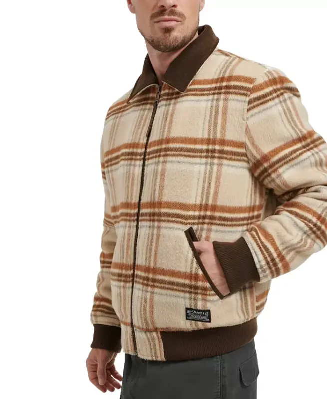 Men's Zip Corduroy-Collar Jacket - Cream Plaid - 5