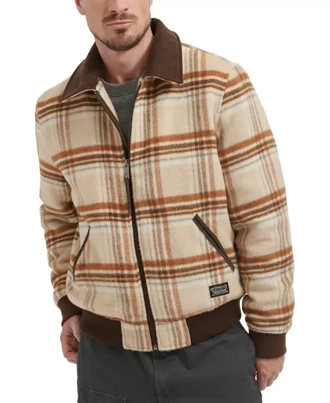 Men's Zip Corduroy-Collar Jacket - Cream Plaid - 6