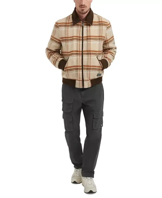 Men's Zip Corduroy-Collar Jacket - Cream Plaid - 7