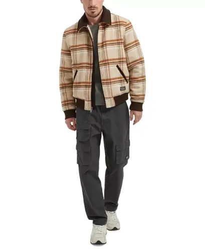 Men's Zip Corduroy-Collar Jacket - Cream Plaid - 8
