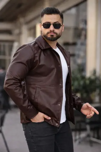 ERKEK FERMUARLI SLİM FİT DERİ CEKET - Kahverengi deri çt - 3