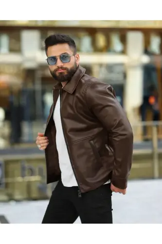 ERKEK FERMUARLI SLİM FİT DERİ CEKET - Kahverengi deri fer - 1