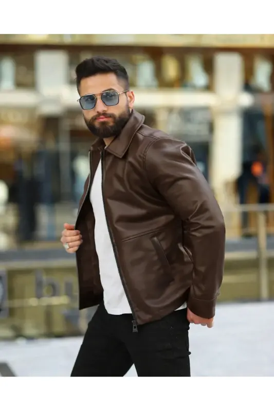 ERKEK FERMUARLI SLİM FİT DERİ CEKET - Kahverengi deri fer - 1