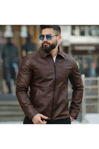 ERKEK FERMUARLI SLİM FİT DERİ CEKET - Kahverengi deri fer - BASEL.CO (1)