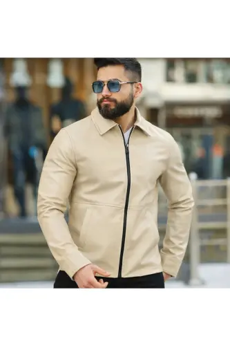 ERKEK FERMUARLI SLİM FİT DERİ CEKET - Krem deri fer - BASEL.CO (1)