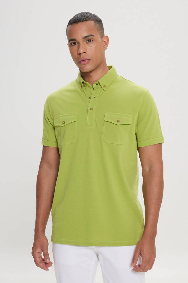 Erkek Fıstık Yeşil %100 Pamuk Slim Fit Dar Kesim Polo Yaka Tişört - Yeşil - 1