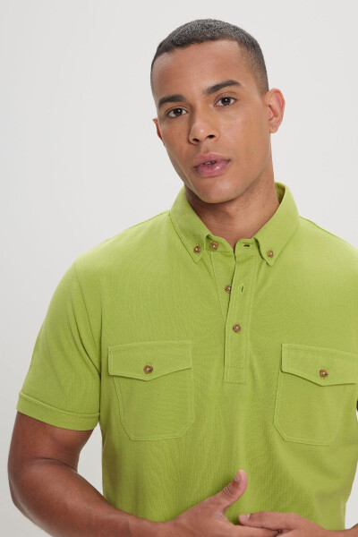 Erkek Fıstık Yeşil %100 Pamuk Slim Fit Dar Kesim Polo Yaka Tişört - Yeşil - 4