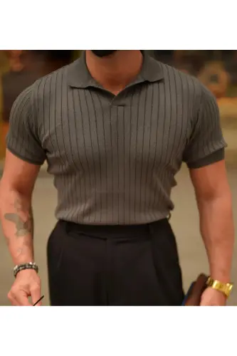 Erkek Fitilli Polo Yaka Triko T-Shirt - Antrasit 
